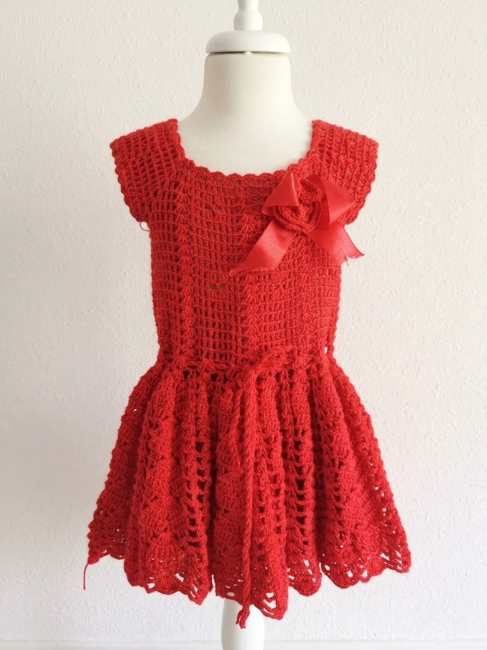 Handmade Crochet Red Dress with Bow Accent